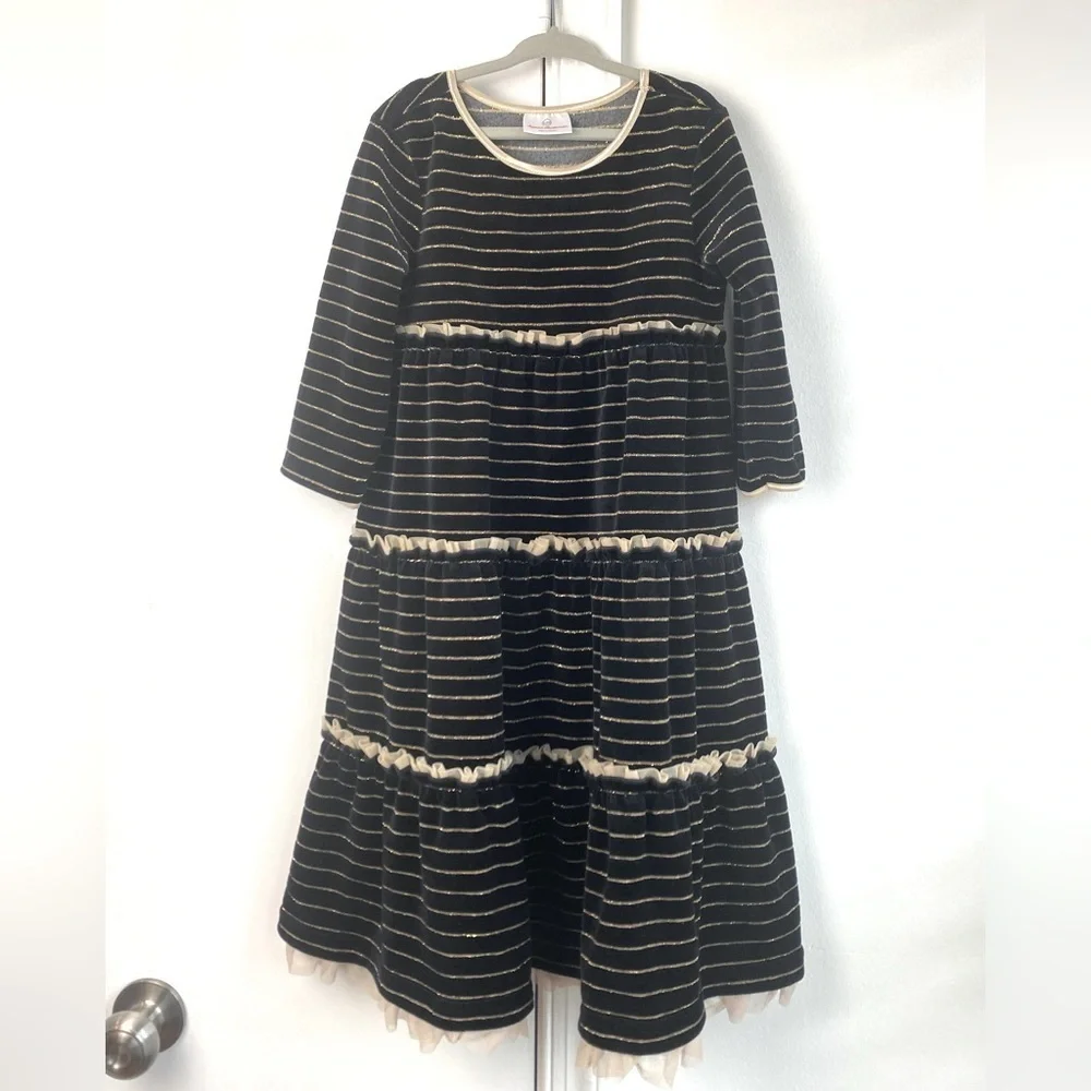 Hanna Andersson black & gold tulle trim velour  tier dress size 6/7
